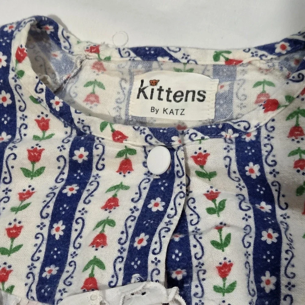 Kittens by Katz Girls Flannel Pajama Top M/L Ditsy Floral Stripe VTG Eyelet Lace